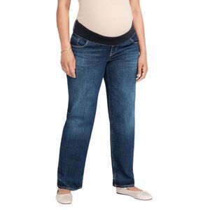 Old Navy Dark Wash Maternity Blue Jeans Straight Leg Front Low Panel 20 Long NWT